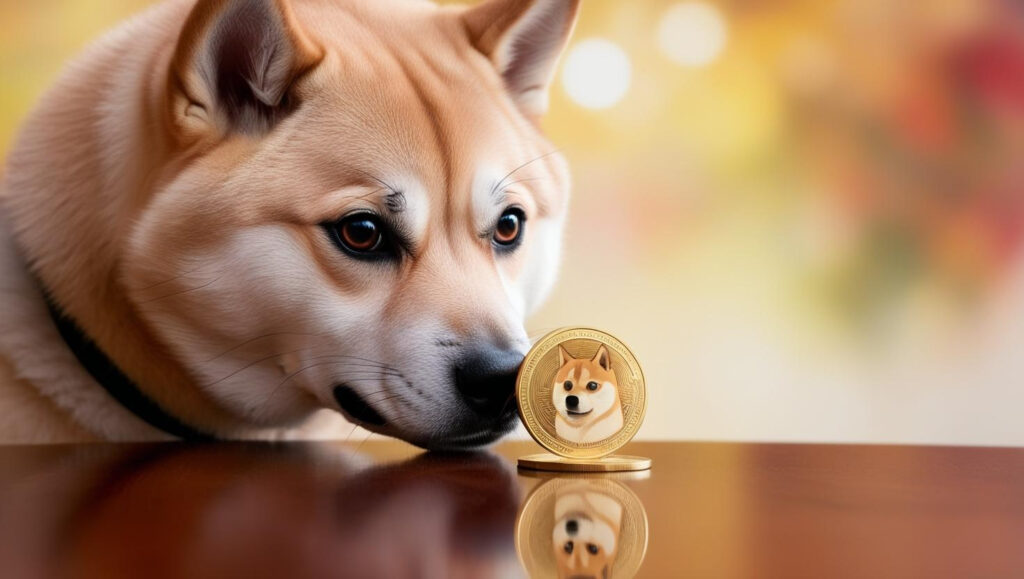 Shiba inu olhando para uma criptomoeda em cima da mesa.