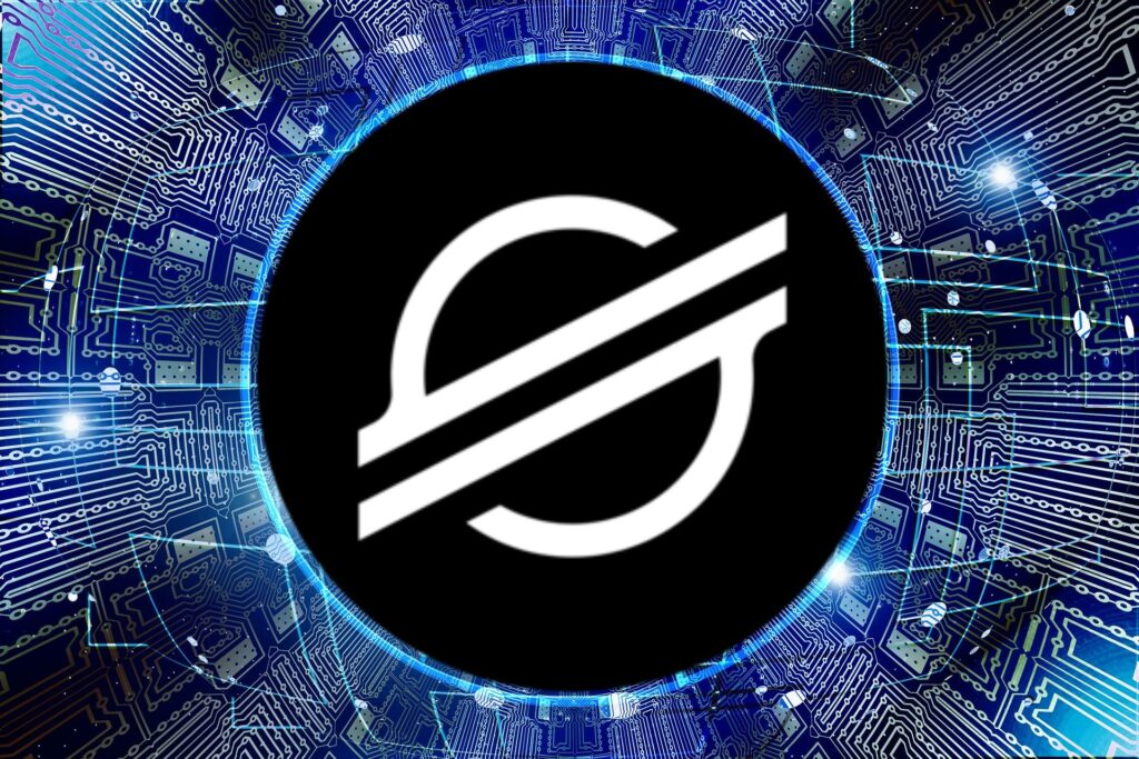 Criptomoeda Stellar em destaque em meio a circuitos tecnológicos de rede.