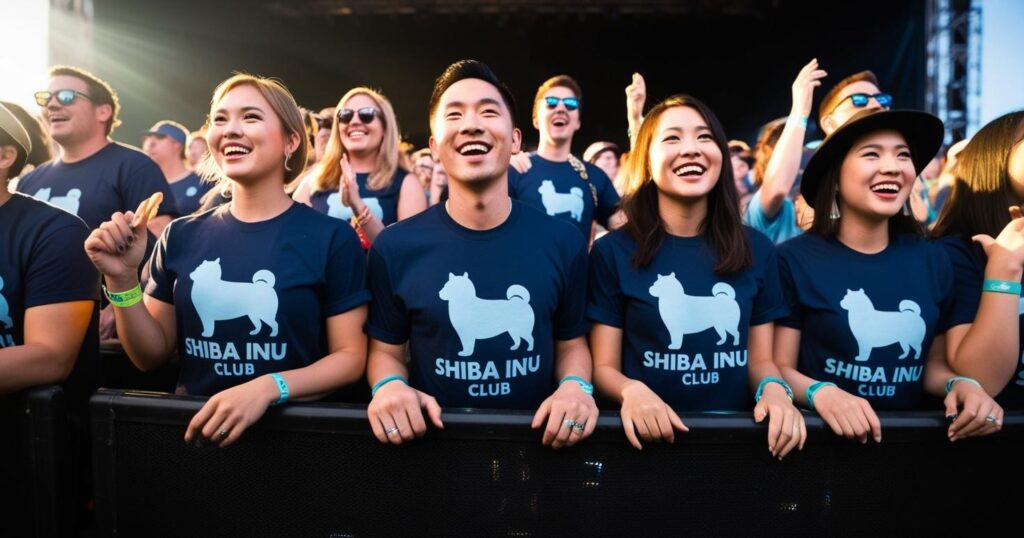 integrantes da comunidade shibarmy reunidos em comemoração a criptomoeda.