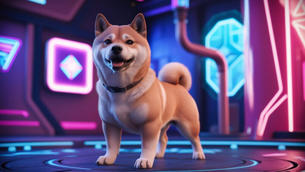 A imagem de um shiba inu no metaverso das criptomoedas.