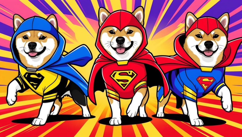 vários shiba inu usando trajes de super herói mostrando sua personalidade.