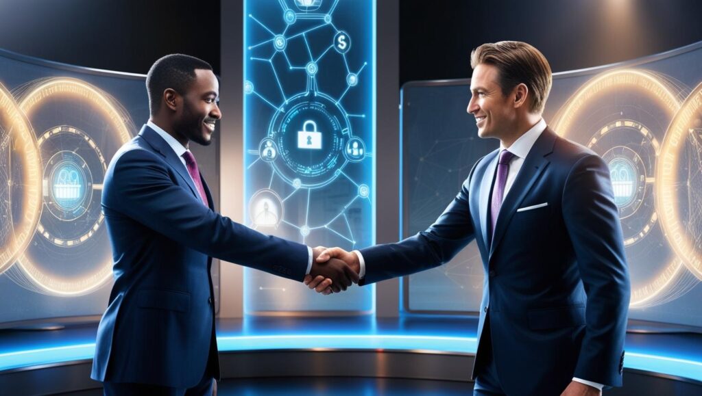 dois homens de negócio apertando a mão satisfeitos por ter fechado um bom acordo usando a criptomoeda Stellar.